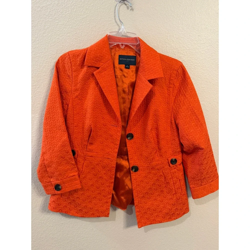Banana Republic Blazer Women 8 Orange Excellent Textured Jacquard Notch Lapel